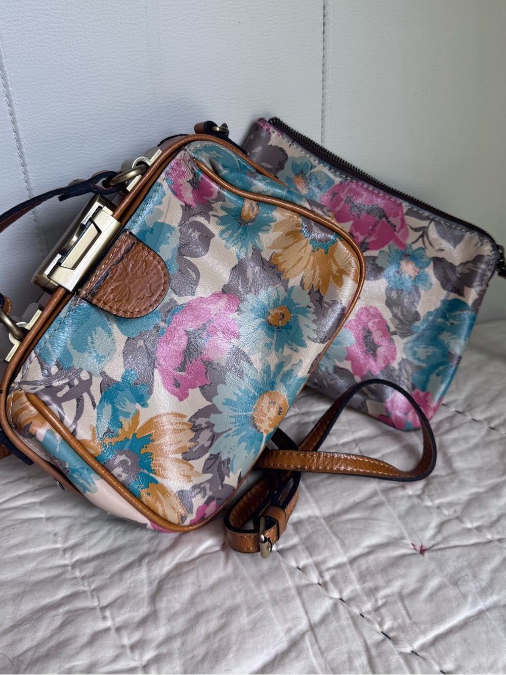 Patricia Nash Floral Leather Crossbody and Matching Pouch - First Bloom Pattern